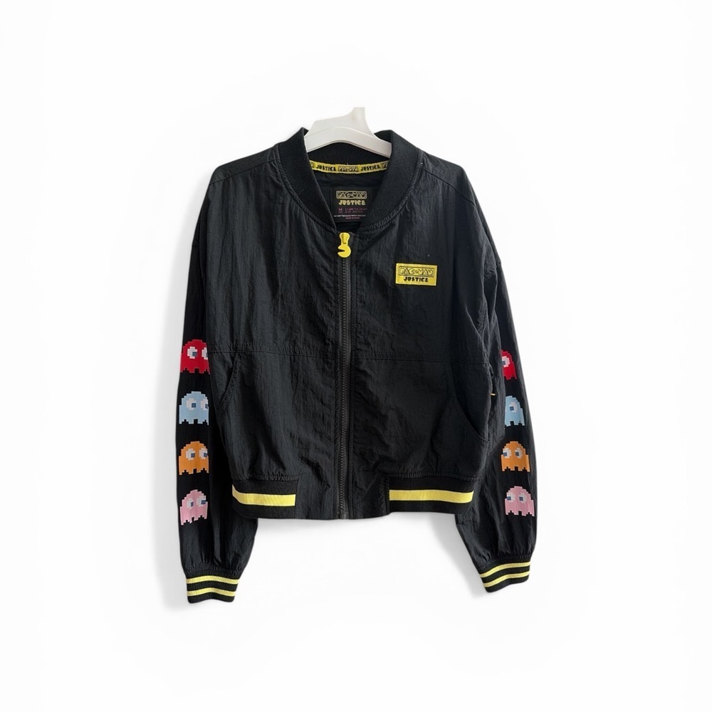 Girls Black Pac-Man Graphic Bomber Jacket Medium